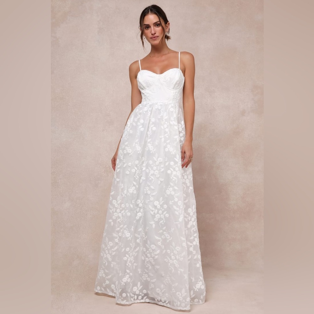 Lulu’s Ethereal Perfection White Organza Embroidered Flowers Bridal Bustier S - Picture 1 of 11
